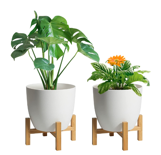 T4U Self Watering Plastic Planter with Bamboo Stand (Set of 2)